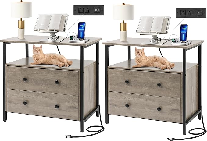 27 inch Wide Night Stand Set 2 with Charging Station, Bedside Table with Open Shelf, 2 Drawers Small Wood Dresser, Modern Wood Nightstand for Bedroom/Living Room (Rustic Gray)