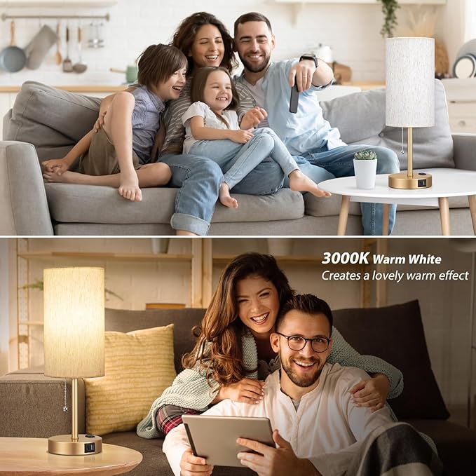 Dicoool Gold Bedside Table Lamp for Bedroom, 17Inch Tall Nightstand Lamp with USB C & A Ports & AC Outlet, 3 Color Temperatures Pull Chain Side Table Lamp for Living Room/Kitchen/Dorm/Office