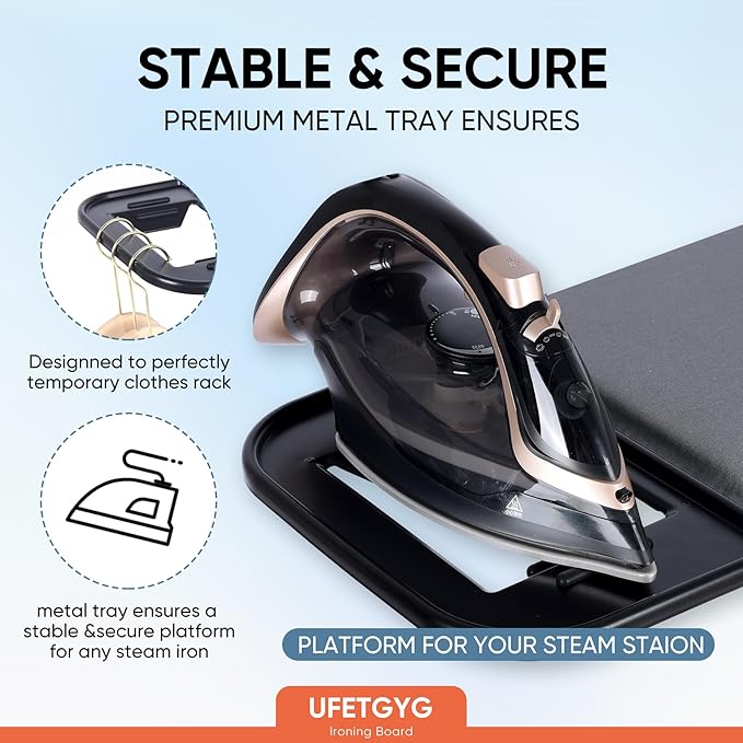 Classic Ironing Board 43" X 13" W/with Iron Rest | Full Metal Construction| Height Adjustable | Heat & Scorch Resistant Fabric | Anti-Skid Feet | Easy to Fold (Dark Grey)