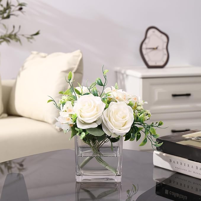 Square Glass Vases Set of 4, 4"x 4"x 4" Flower Vases for Centerpieces, Clear Glass Vase for Flowers, Small Vase for Wedding, Party, Home Office Decoration