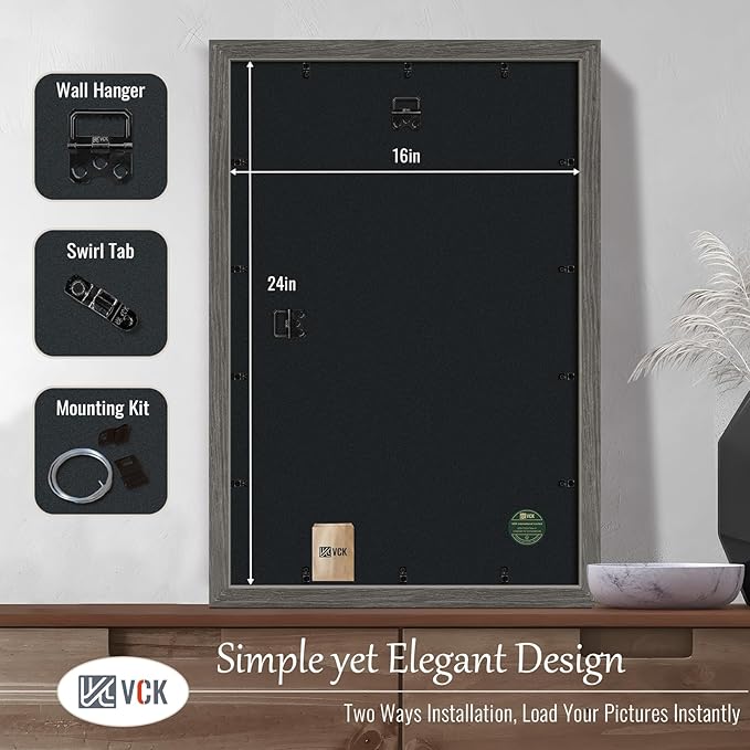 VCK 16x24 Frame Set of 3, Gray Solid Wood Poster Picture Frame, Exclusive Wood Grain, Wall Gallery Frame