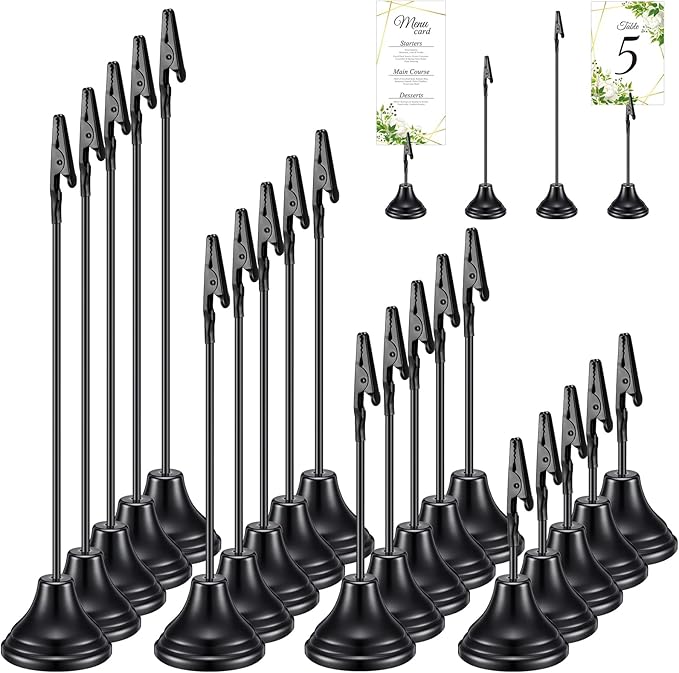20 Pcs Table Number Holders 4/6/8/10 Inch Metal Place Card Holders with Alligator Clip Heavy Base Wedding Table Number Stand Picture Photo Clip for Banquet Party Birthday Restaurant(Black)