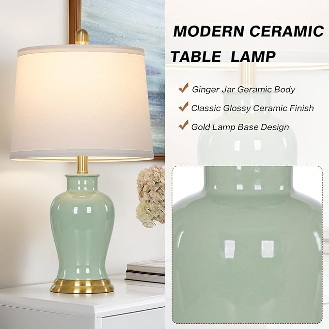 Green Ceramic Lamps Set of 2, 23" Modern Table Lamps for Living Room, Classic Bedside Lamp with Ginger Jar Design, Elegant Bedroom Lamp for Night Stand Desk Side End Table Home Decor