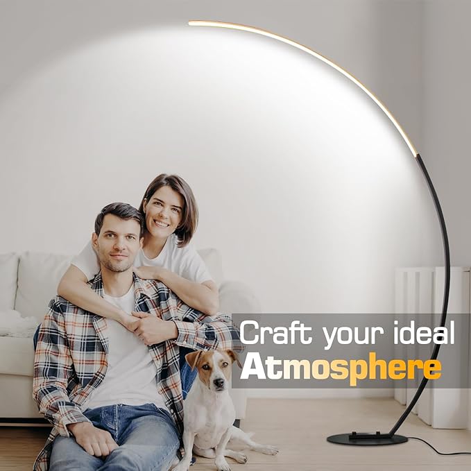 Modern LED Arc Floor Lamp Dimmable,Black Gold Arched Floor Lamp Standing Lamp with Remote for Living Room Bedroom Office Corner