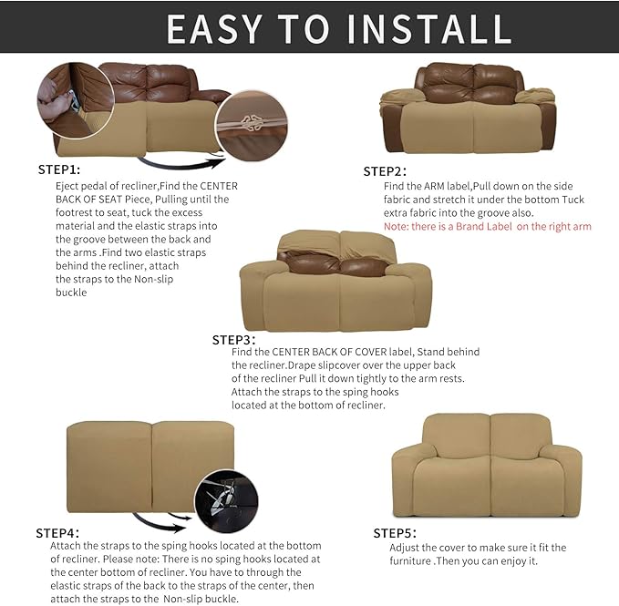 Easy-Going 6 Pieces Recliner Loveseat Stretch Sofa Slipcover Sofa Cover Furniture Protector Couch Soft with Elastic Bottom Kids, Spandex Jacquard Fabric Small Checks Golden