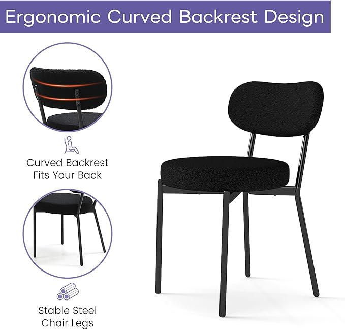 Dining Chairs Set of 2 pcs, Boucle Comfortable Upholstered Seat Fabric with Curved Backrest, Mid Century Modern Contemporary Scandinavian Designer Chairs Ideal for Dining Room, Kitchen, Black
