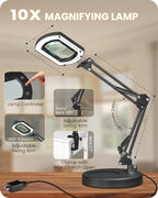 10X Round Magnifying Glass with Light and Stand, 2-in-1 LED Lighted Desk Lamp & Clamp, 5 Color Modes Stepless Dimmable, Hands-Free Magnifier Desk Lamp for Reading Craft Close Work B02DL05