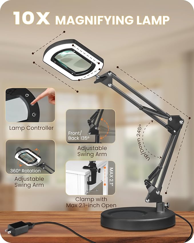 10X Round Magnifying Glass with Light and Stand, 2-in-1 LED Lighted Desk Lamp & Clamp, 5 Color Modes Stepless Dimmable, Hands-Free Magnifier Desk Lamp for Reading Craft Close Work B02DL05