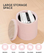 B FSOBEIIALEO Ottoman with Stroage, Round Sherpa Storage Ottoman Stool, Boucle Foot Rest 14.6"x14.6"x17.7"（Pink
