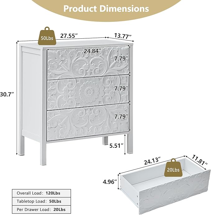 White 3 Drawer Dresser Set of 2, Wide Dresser Chest with 6 Drawers, Accent Nightstand Cabinet Luxury Carving Bedside Table for Bedroom Hallway Living Room Entryway Office (2, White)
