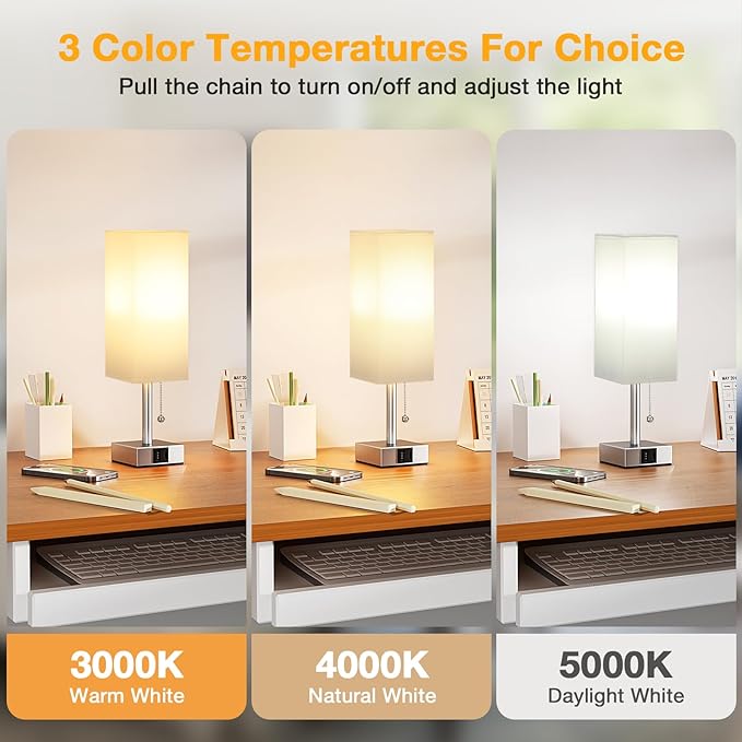 White Small Lamp for Bedroom - 3 Color Temperature 3000K 5000K 4000K Bedside Lamp, Pull Chain Control, USB A and C Charging Ports, Silver Base, for Kids Office Dorm nightstand, Bulb Included
