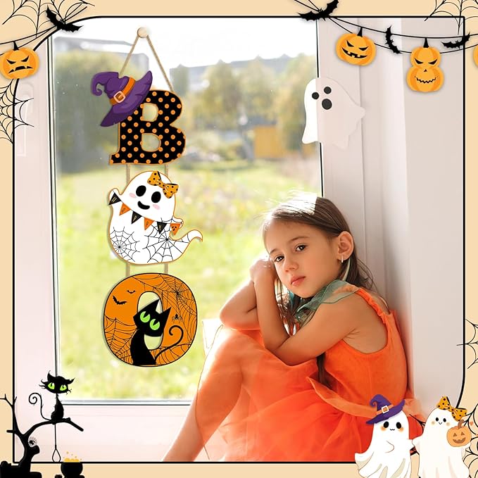 Britimes BOO Halloween Door Sign for Front Door, Halloween Cute Ghost Black Ghost Wall Decorations Wooden Hanging Signs for Home Wall Porch Outdoor Party Decor