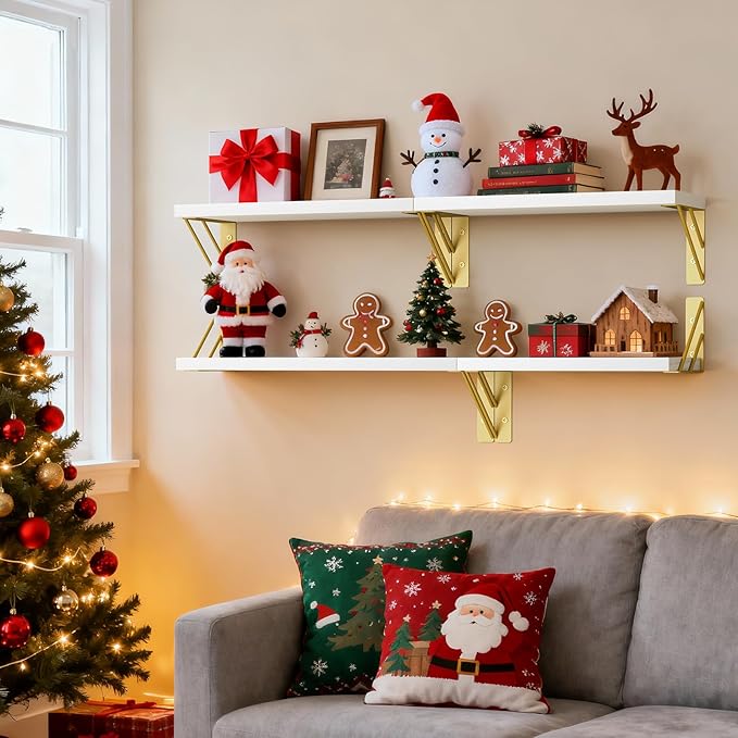 BAYKA Wall Shelves for Bedroom Decor, Floating Wall Shelves for Living Room Kitchen Storage, Wall Mounted Rustic Wood Shelves for Kids Books, Corner Shelf for Bathroom(White and Gold，Set of 4)