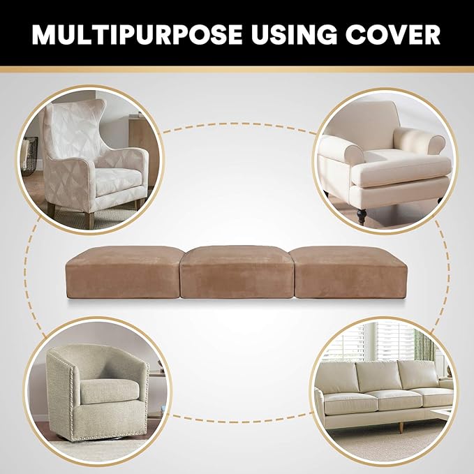 PrinceDeco Super Soft Couch Cushion Covers for Sectional Couch, Velvet Sofa Slipcover for Cushion Sofa pet Friendly with Elastic Bottom(Each Width Up to 29.5", Camel)