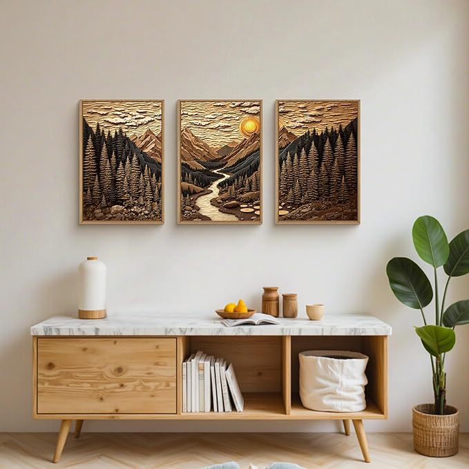 HPINUB Abstract Landscape Mountain Canvas Wall Art Set, Vibrant Sun Forest Pine Tree Wall Decor, Wilderness Nature River Artwork Rustic Scenery Art Print for Living Room,Bedroom,Office-16 x24 x3