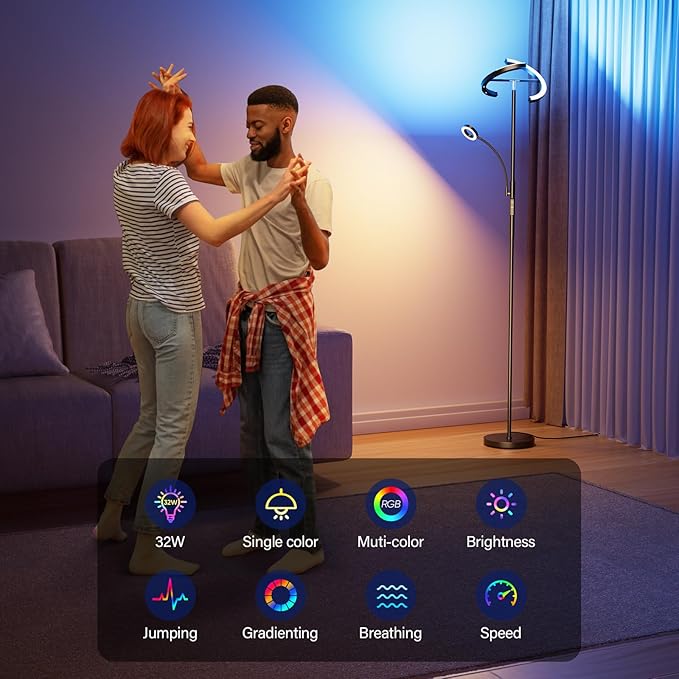 Upgraded RGBCW Floor Lamp with Reading Lamp, Rotatable Remote Control LED Standing Lamp Dimmable Floor Light Modern Standing Light for Living Room Bedroom Home Office, 36W, Black