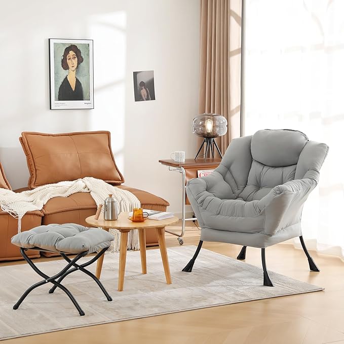 Cozy Lazy Chair and Ottoman, Large Contemporary Accent Lounge Chair Set, Leisure Upholstered Reading Armchair for Bedroom, Living Room, Dorm Rooms, Office
