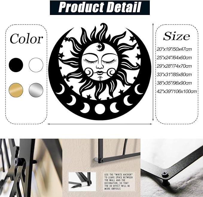 Sun and Moon Metal Wall Decor, Moon Phase Metal Wall Decor, Boho Celestial Wall Art, Celestial Sun Moon Wall Art, Large Sun Face Wall Hanging for Living Room, Outdoor (Black, 33"x31"/85x80cm)