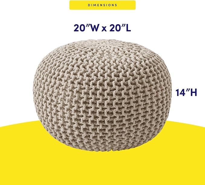 Pouf Ottoman Foot Rest Stuffed – 20” Diameter x 14” Tall Cozy Floor Pouf for Living Room, Bedroom, Nursery & More – 100% Cotton Knit Shell, EPS Bead Filled Footrest & Accent Chair, Beige
