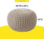 Pouf Ottoman Foot Rest Stuffed – 20” Diameter x 14” Tall Cozy Floor Pouf for Living Room, Bedroom, Nursery & More – 100% Cotton Knit Shell, EPS Bead Filled Footrest & Accent Chair, Beige