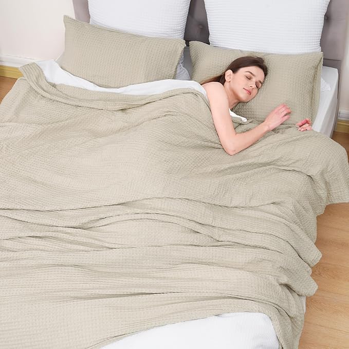 PHF Ultra Soft Waffle Weave Blanket King Size 104"x 90"- Washed Lightweight Breathable Cozy Woven Blanket for Bed - Aesthetic Decor for Couch Bedding Sofa Home Car - Light Khaki/Linen