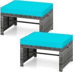 Tangkula 2 Pieces Patio PE Rattan Ottomans, Multipurpose Outdoor Footstool Footrest Additional Seating Side Table with Soft Zippered Cushions for Deck, Garden, and Yard (Turquoise)