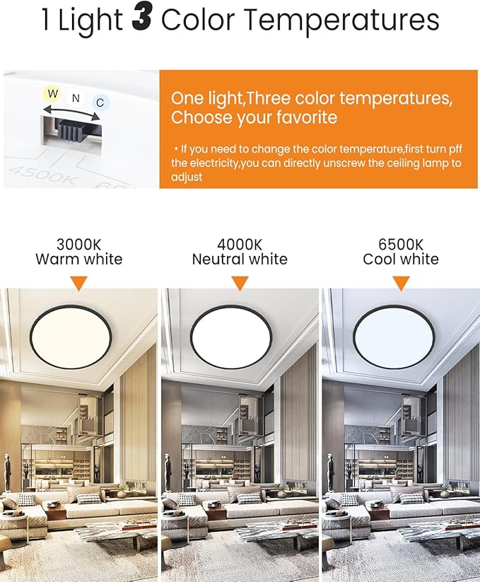 slochi 15.8 Inch Flush Mount LED Ceiling Light Black, 36W Ultra Thin LED Ceiling Light, 3000K/4000K/6500K 3 Color Temperature Low Profile Ceiling Light Fixtures for Kitchen Living Room Bedroom