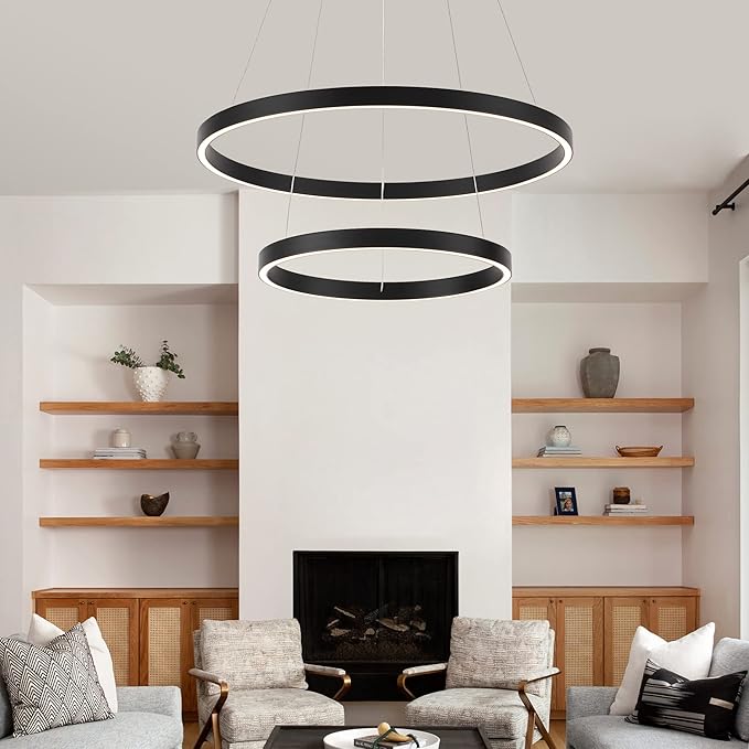Modern Led Chandelier, 2 Rings Contemporary Chandelier Circular Pendant Light, Black Dimmable Hanging Ceiling Light Fixture for Living Dining Room