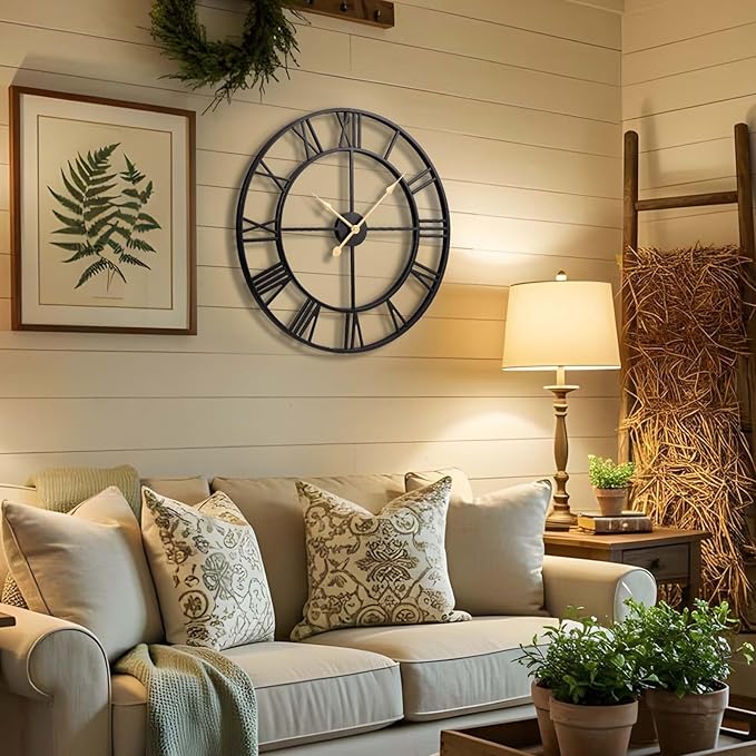 Vantic 32 Inch Large Wall Clock, Roman Numeral Metal Oversized Wall Clocks for Living Room Decor, Bedroom and Kitchen, Completely Silent, Non Ticking, Battery Operated