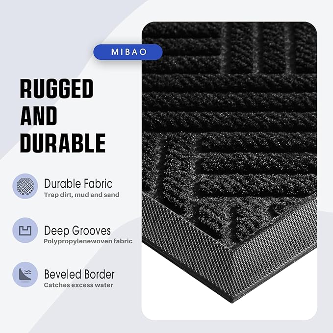 Mibao Front Door Mat Outside Entrance, Durable Outdoor Indoor Mat, Low Profile Heavy Duty Doormat, Non-Slip, Traps Dirt and Moisture, Easy Clean Patio Porch Entryway Mat, 29.5" x 17", Black