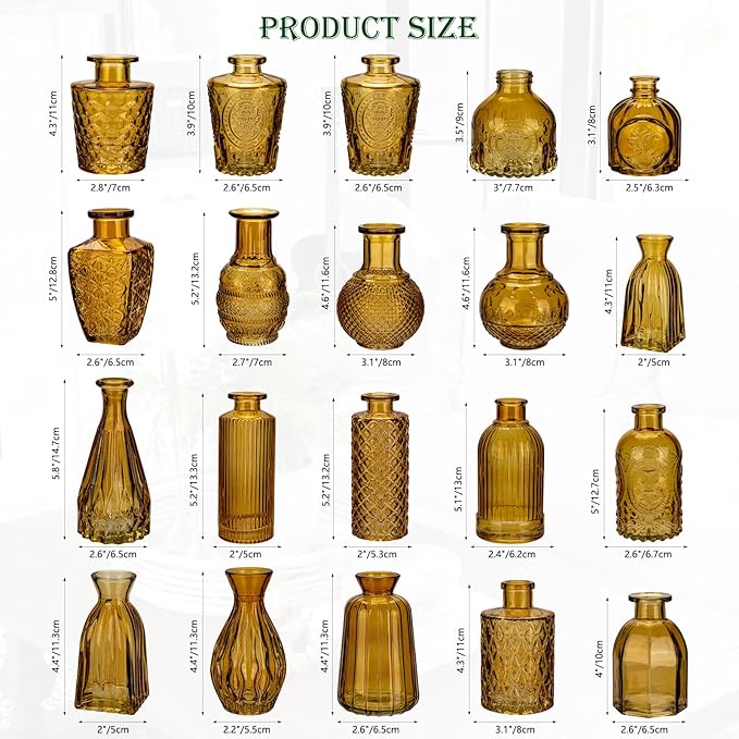 Glass Bud Vases Set of 20, Small Flower Vase in Bulk for Centerpieces, Mini Vintage Amber Vases for Rustic Wedding Vintage Home Table Decor