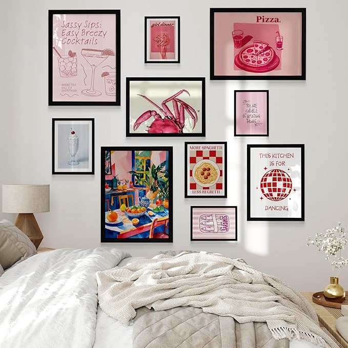 Kitchen Wall Decor Black Framed Art, 10 pcs of Kitchen Wall Art Decor, Pink Framed Quote Pictures, Pizza and Coctail Prints, Lemon Decorations for Wall Decor