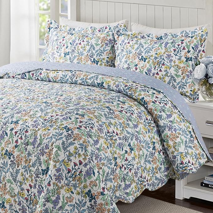 Travan 3-Piece Quilt Set Quilted Bedspread Lightweight Coverlet Set Garden Style Floral Printed Oversized Quilted Bedding Set for All Season, Secret Garden, Queen Size
