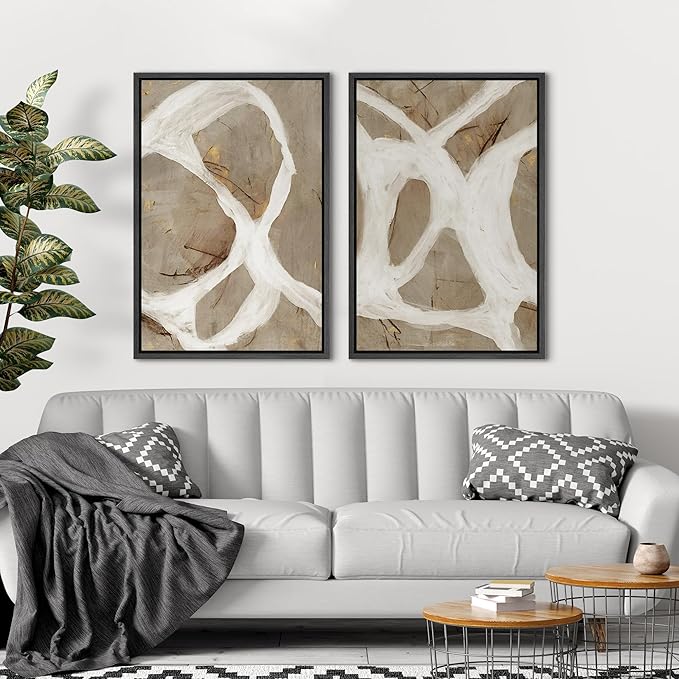 SIGNFORD Framed Canvas Print Wall Art Set Abstract White and Beige Brushstrokes on Neutral Illustrations Modern Art Decorative Bohemian for Living Room, Bedroom, Office - 24"x36"x2 Black