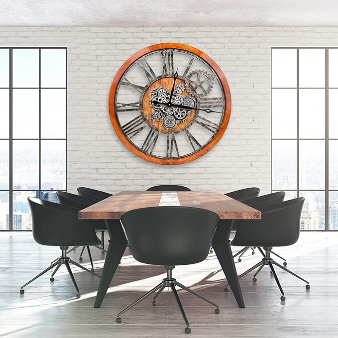 The B-Style 36" Large Moving Gear Wall Clock Oversized Vintage Farmhouse Wall Clocks for Living Room Decor Rustic Industrial Wood Clock (Brwon with Bronze Gears)