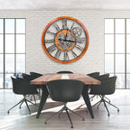 The B-Style 36" Large Moving Gear Wall Clock Oversized Vintage Farmhouse Wall Clocks for Living Room Decor Rustic Industrial Wood Clock (Brwon with Bronze Gears)