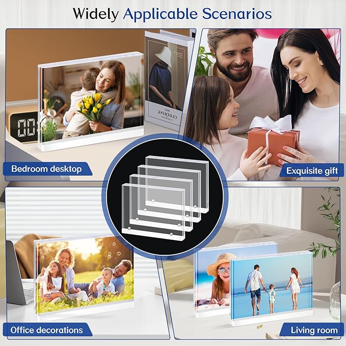 5x7 Magnetic Acrylic Photo Frame – Double-Sided Clear Picture Display Frame with White Base, Tabletop Acrylic Frame for Home & Office Decor (4-Pack, Horizontal display)