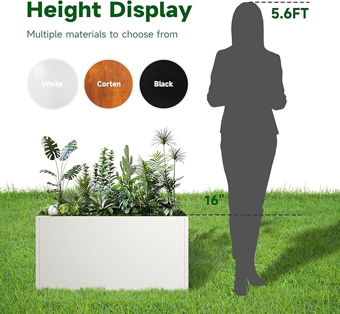 Galvanized Steel Garden Planter - White Matt Galvanized Metal Planter Box - Modern Metallic Heavy Planter - Indoor & Outdoor, Commercial & Residential (White, L36 x W12 x D16)