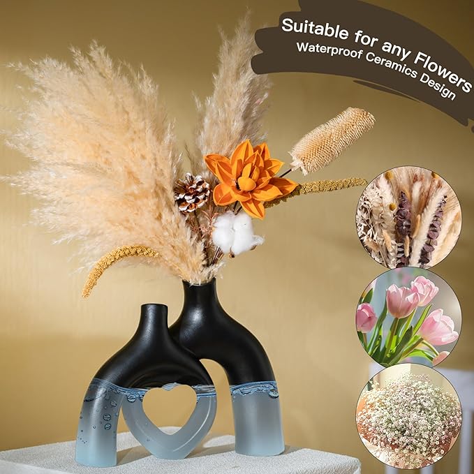 Hug Snuggle Hollow Donut Ceramic Vases, 9 Inch Modern Nordic Minimalist Decorative Vase for Home Decor Table Centerpiece Bookshelf Office Entryway Aesthetic Decoration (Matte Black)