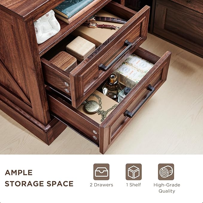 ACCOHOHO 18" Farmhouse Nightstand with Charging Station,End Table with 2 Drawers Storage,Side Table,Bedside Cabinet for Bedroom,Living Room,Brown