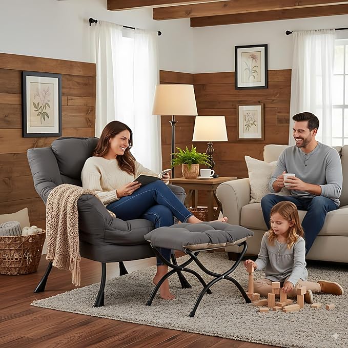 Lazy Chair and Ottoman, Large Accent Lounge Chair with Armrests and a Side Pocket, Modern Leisure Upholstered Sofa Reading Armchair with Footrest for Bedroom, Living Room, Dorm Rooms, Office