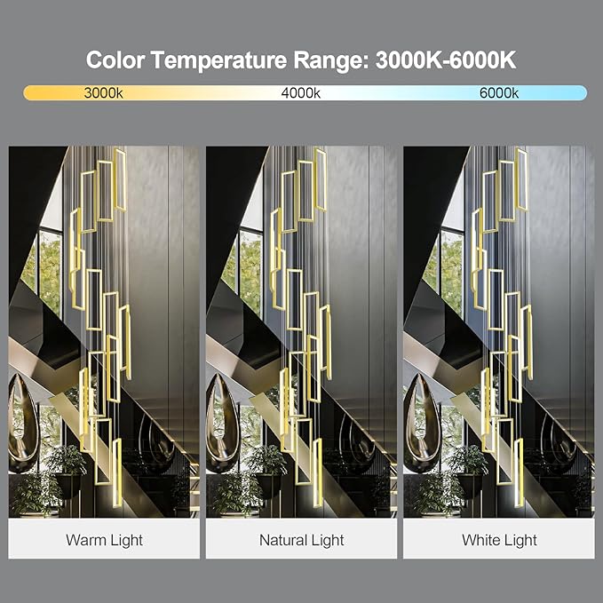 Modern Adjustable Height Pendant Light Fixture Gold 288W LED Pendant Lights 16 Rings Rectangular Chandelier Staircase Large Chandelier Lobby Living Room Foyer High Ceiling Chandeliers