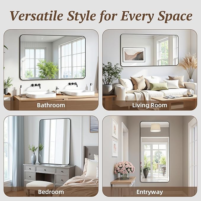 Bathroom Mirror 60" x 36", Large Rectangle Wall Mirror, Black Metal Frame Wall Mounted Mirrors for Bathroom, Vanity, Bedroom, Entryway Decor(Horizontal/Vertical)