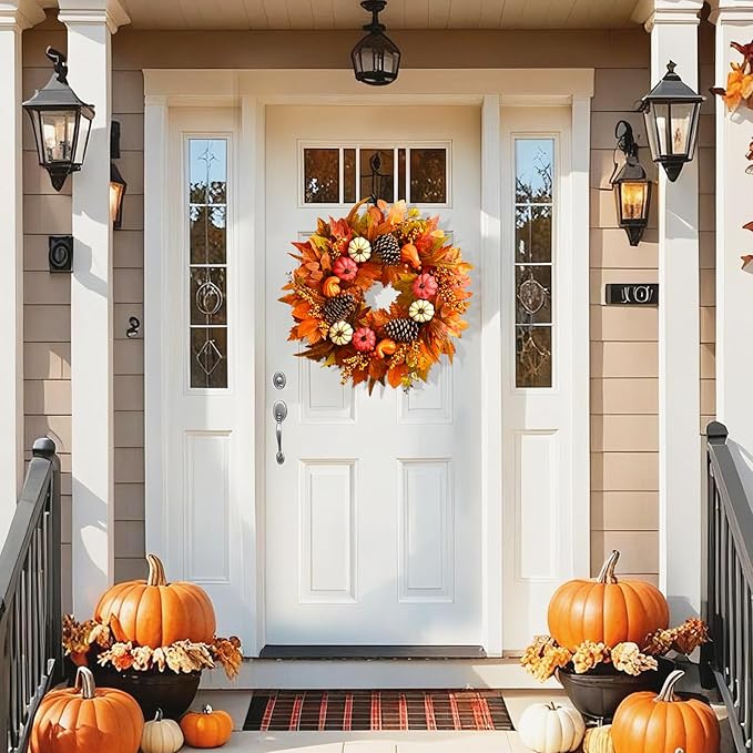 Fall Decor - Fall Wreaths for Front Door Outside, 2 Pack 20 Inch Fall Door Wreath, Handcrafted Autumn Wreath with Colorful Pumpkins Maple Leaves, Fall Decorations for Home Door Wall Thanksgiving Decor
