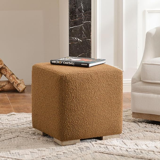 KINWELL 18.5" Wide Modern Square Boucle Upholstered Ottoman with Solid Wood Legs, Cube Ottoman Multi-Functional Sofa Footrest, Extra Seating for Living Room, Bedroom, Fully Assembled (Brown)