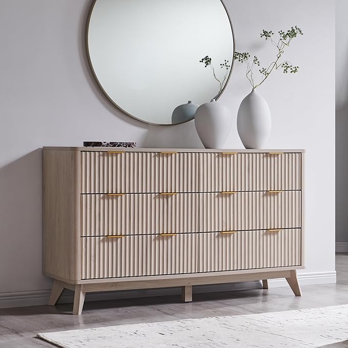 T4TREAM Fluted 6 Drawers Dresser, 54" Wide Modern Chest of Drawers, Curved Profile Design, Dresser TV Stand, Wood Drawer Organizer for Bedroom, Living Room, Hallway, White Alder