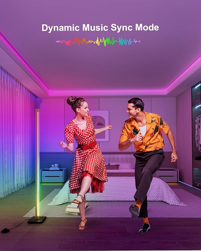 Aluminum Floor Lamp with Remote, Gold LED Corner Floor Lamp with Alexa, 3000K and RGB CCT Smart Corner Lamp with DIY Music Sync and 16 Million Colors, dimmable Standing Lamp for Bedroom Living Room
