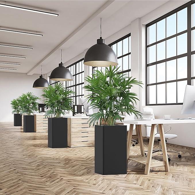 Tall Planters 26 Inch Square Metal Plant Pot with Removable Insert Shelf and Drainage-Modern Tall Black Planters for Indoor & Outdoor-Front Porch,Patio,Garden (14" L X 26" H)