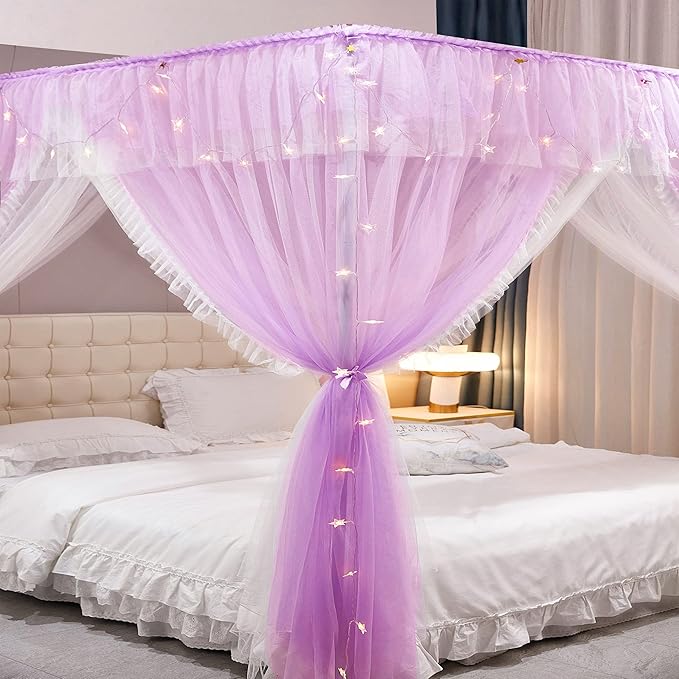 VETHIN 4 Corners Post Ruffle Princess Bed Canopy Curtain-Double Layer Cozy Drape Netting 4 Opening Mosquito Net for Girls Adults Bedroom Decoration (Double-Purple, 47" W*78" L*82" H/Twin)