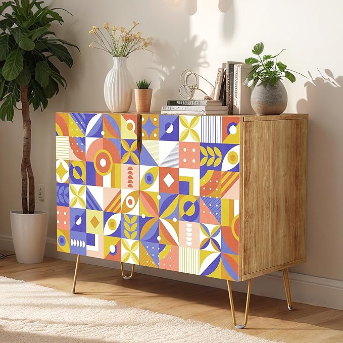 SIGNWIN Sideboard Buffet Cabinet, Kitchen Storage Cabinet with 2 Doors, Mid-Century Retro Vibrant, Cupboard Console Table for Dining Room - 35" L x 18" W x 29" H